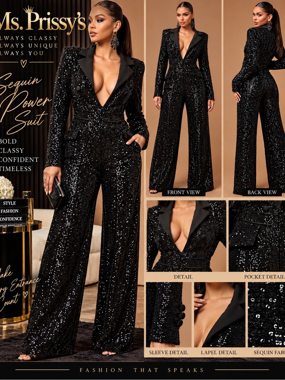 Luxe Fashion Nova Power Black Sequin Wide-Leg Power Suit